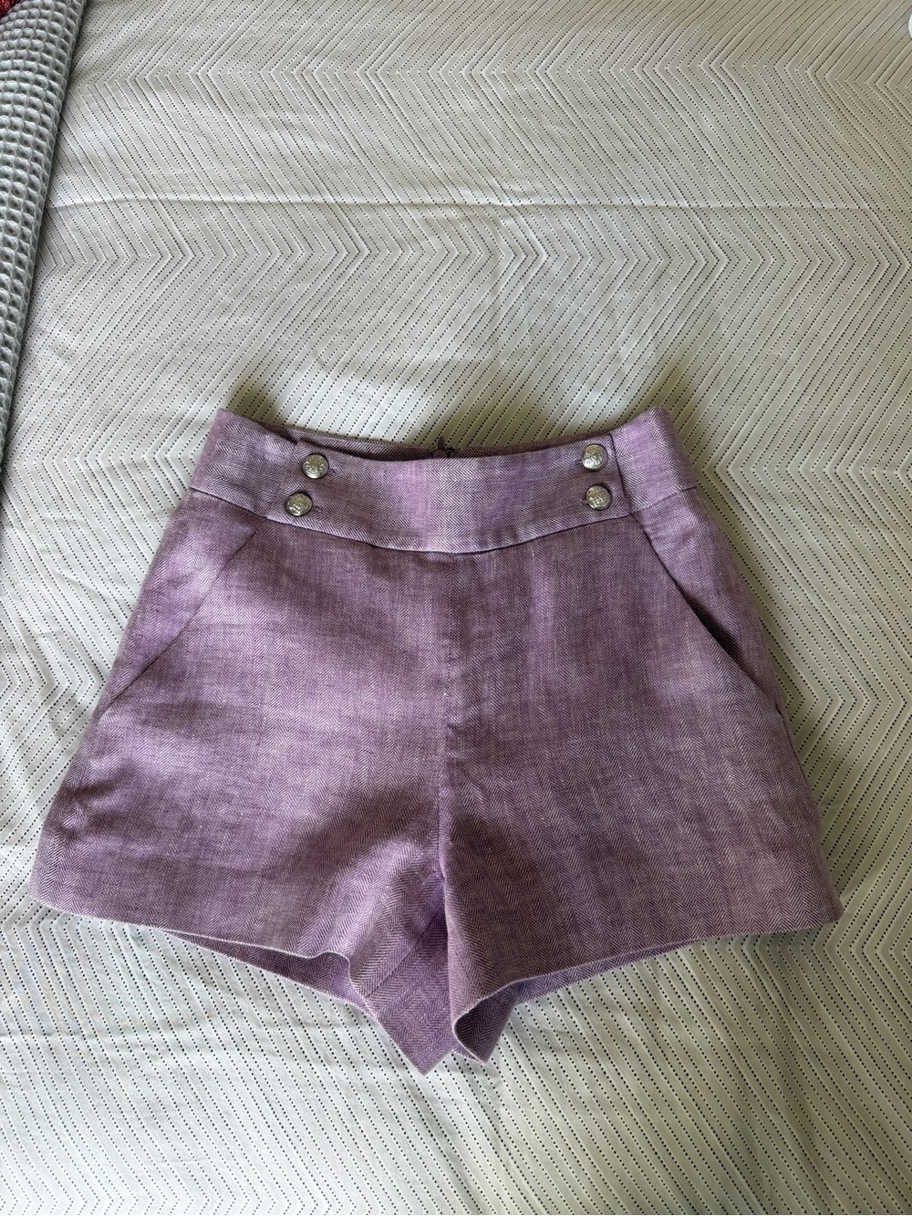 Veronica Beard Lavender High-Waist Button-Accent Shorts